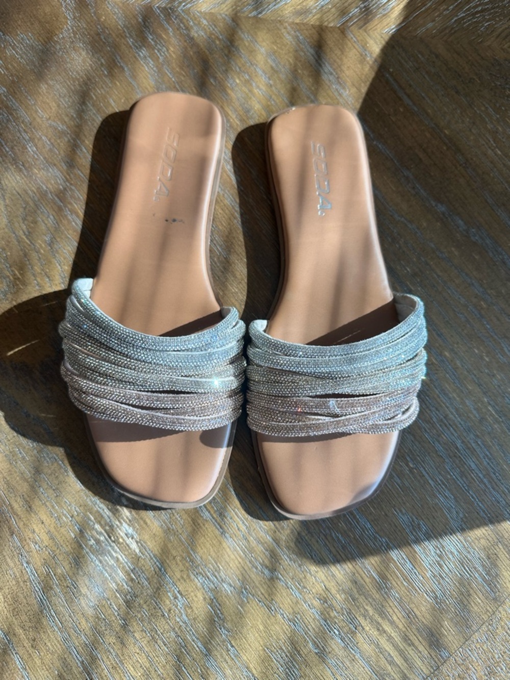 SODA Silver/Gold/Rose Gold Crystal-Strap Slide Sandals for Women Size 7